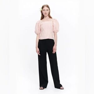 MARIMEKKO 100% Linen Mahdoton Piccolo Pink and White Stripe Puff Sleeve Top EUC